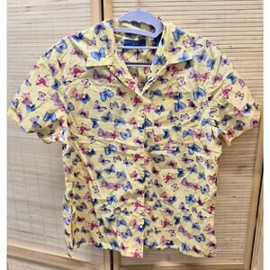 Karen Scott Butterfly Print Shirt Yellow Cotton Button Front Top